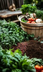 Poster - Green plants, red worms, dirt, wooden bucket.