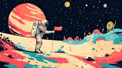 Wall Mural - astronaut standing on a planet surface holding a red flag with planets and stars in the background.