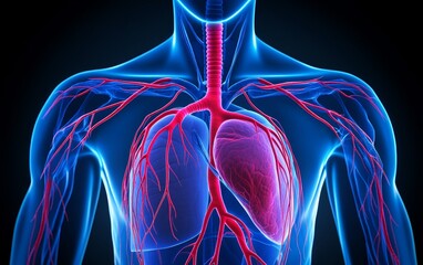 anatomical illustration of the human respiratory and circulatory systems.