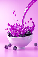 In a lively moment, a cascade of small purple spheres pours into a white bowl filled with fresh blackberries, creating an enchanting burst of color and fun