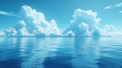 Calm ocean water reflecting fluffy white clouds under a bright blue sky in midday sunlight