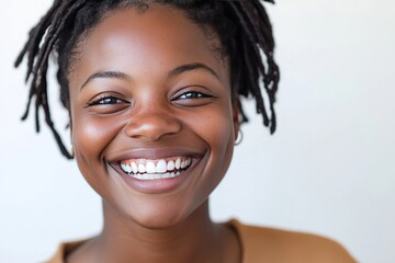 Bright Smiling Portrait of a Young Woman with Natural Hair Against a Soft Background