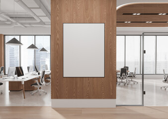 Wall Mural - Blank poster on wooden wall in modern office space mockup. 3D Rendering