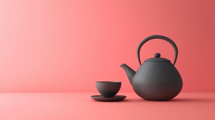 Sticker - A simple black tea kettle sits beside a matching cup on a soft pink surface, inviting a moment of relaxation and comfort. Generative AI