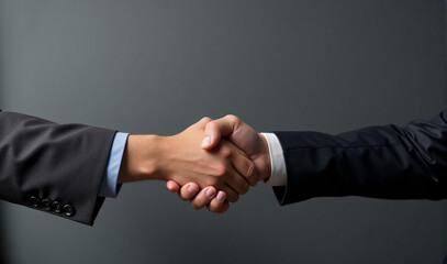 a businessman’s hands shaking hands against on a gray background.