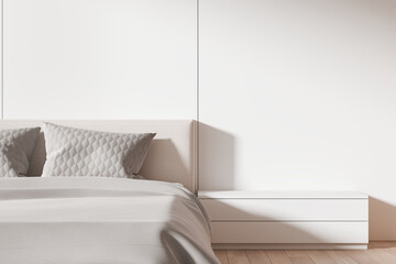 Poster - Minimalist bedroom with bed and white wall background. 3D Rendering