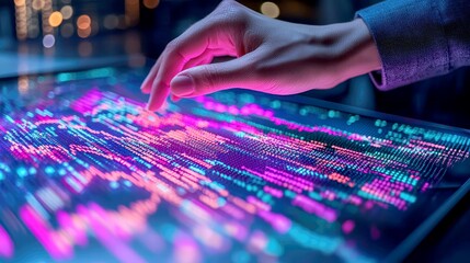 Hand interacting with a digital interface displaying a glowing map and data.