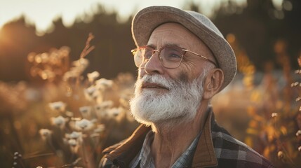 Poster - Elderly Man Enjoying Nature at Sunset with a Peaceful Expression in a Tranquil Outdoor Setting