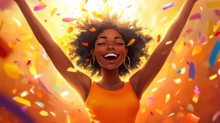 A joyful woman celebrating with confetti, radiating happiness and energy in a vibrant atmosphere.