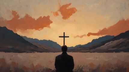 A man kneeling at a cross under a glowing ethereal sky symbolizing the concept of forgiveness and salvation through the gospel and Christian faith