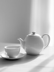 Aufkleber - A white tea kettle sits beside a matching cup on a table, bathed in soft natural light, creating a serene and inviting atmosphere. Generative AI