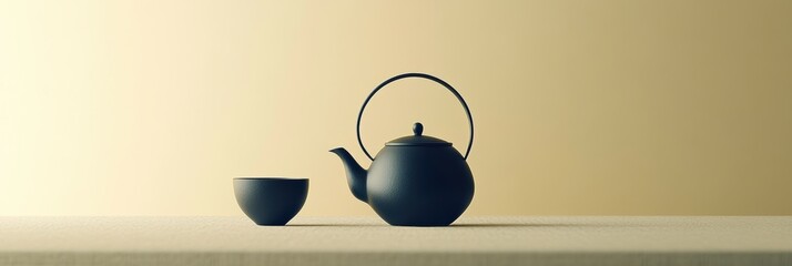 Fototapete - A kettle sits beside a cup on a clean table, illuminated softly, creating a calm and inviting atmosphere perfect for tea time. Generative AI