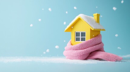 Charming yellow house wrapped in a pink scarf, snow.