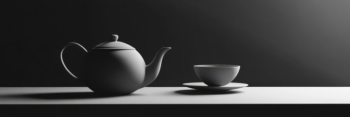 Canvas Print - A simple tea kettle sits beside a cup and saucer on a clean table, all enveloped in soft lighting that enhances their elegant forms. Generative AI