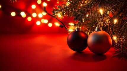 Two Christmas ornaments are sitting on a red background