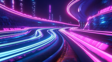 Futuristic highway with a digital racetrack design glowing under vibrant neon light trails illuminating the curving road in electric blue pink and purple colors