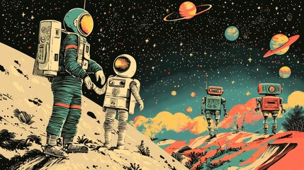 Wall Mural - two astronauts in space suits stand on a moon-like landscape looking at two robots walking toward th