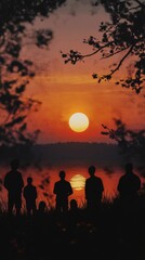 Wall Mural - Silhouetted Group of People Enjoying a Serene Sunset by the Lake