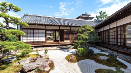 Wall Mural - Traditional Japanese house with a beautiful Zen garden with white gravel and a green moss lawn, rocks, and a tree.