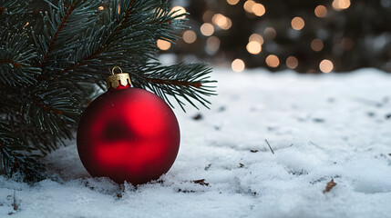 Poster - A red ornament is sitting on a snowy ground next to a pine tree. The scene is festive and cozy, with the red ornament adding a pop of color to the winter landscape