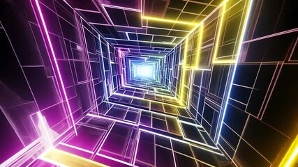 Wall Mural - a neon-lit tunnel stretches out ahead, glowing in pink, yellow, and blue hues
