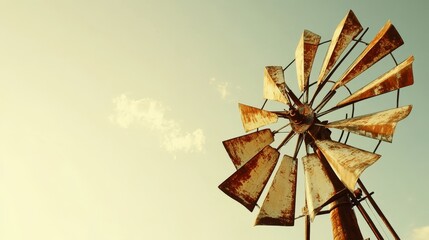 A rustic windmill stands against a clear sky, showcasing its vintage charm and functional design.