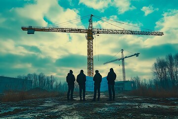 Architects collaborating on construction plans at a building site under a cloudy sky