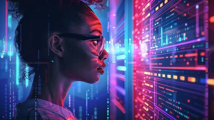 Aufkleber - A woman wearing glasses studies a vivid digital interface filled with colorful data patterns. The moment captures her focus and curiosity in a lively urban setting at night.