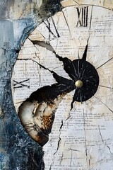 Abstract clock face with black and gold accents in a crumbling wall.