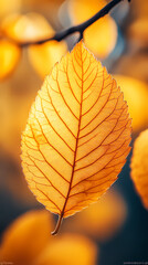 Yellow autumn leaf close-up. With a blurred bokeh background, a bright orange tree changes.