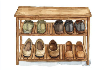 A wooden shoe rack displaying various styles of shoes in neutral colors, organized across two tiers for easy access and storage.