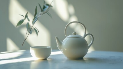Leinwandbilder - A white tea kettle sits gracefully next to a matching cup on a marble table, illuminated by gentle sunlight, evoking tranquility. Generative AI