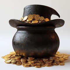 Wall Mural - 3d render showcasing black pot filled with sparkling gold coins next to a charming leprechaun hat al