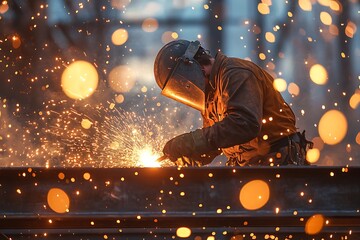 Construction worker welding steel beams at dusk, surrounded by sparks and industrial backdrop