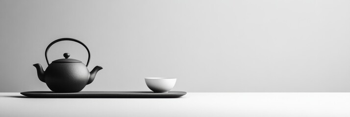 Poster - A sleek black tea kettle with a handle accompanies a white cup on a smooth tray, all set in a clean, minimalist space. Generative AI