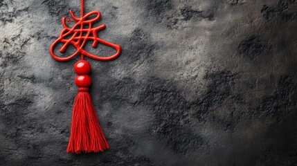 A red decorative tassel with a traditional Chinese character on a textured dark background.