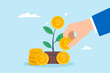 © VZ_Art - Flat illustration of businessman hand puts money coins on growing seedling representing investment growth and financial freedom
