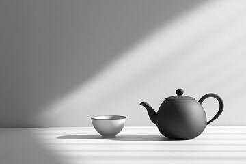 Aufkleber - A black tea kettle sits elegantly next to a minimalist cup on a table, bathed in soft light and gentle shadows, creating calmness. Generative AI