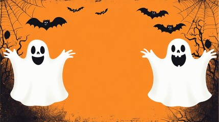 A Halloween banner with two ghosts and bats flying in the background