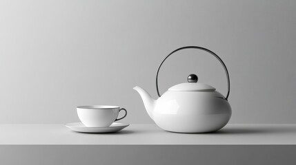 Aufkleber - A simple, sleek tea kettle is paired with a delicate cup and saucer, creating a tranquil tea time atmosphere in a modern space. Generative AI