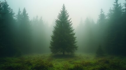 Wall Mural - a lone evergreen tree stands amidst a foggy forest landscape during early morning hours, surrounded 