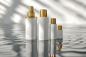 Wall Mural - 3d render, white cosmetic bottles with golden caps stand on wet floor with reflection in the water. Premium design beauty products set. Clean style blank package, Generative AI