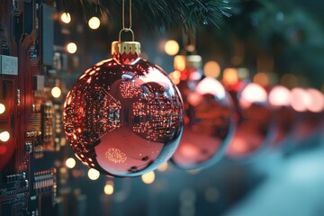 Red ornaments reflect light with a tech-inspired design.