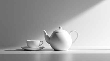 Canvas Print - A simple white tea kettle sits next to an elegant cup on a table, illuminated by gentle sunlight creating a calming atmosphere. Generative AI