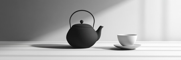 Aufkleber - A black tea kettle sits next to an elegant white cup on a light background, inviting a peaceful moment for tea enthusiasts. Generative AI