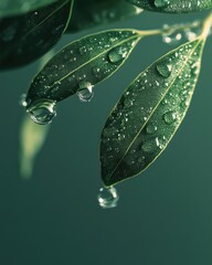 Wall Mural - Green leaves with water droplets on a dark background.