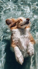 content dog afloat in clear pool under bright sun.