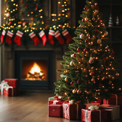 Wall Mural - christmas tree decorated with lights and gifts inside the house with fireplace