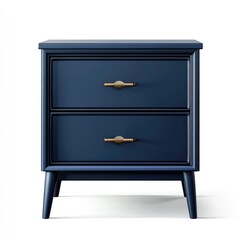 Elegant Dark Blue Wooden Nightstand with Brass Handles and Two Drawers on White Background