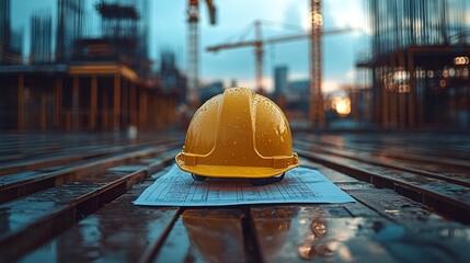 Yellow Helmet on Construction Blueprint at Job Site